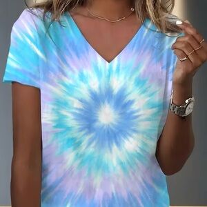 Tie-Dye V-Neck Short Sleeve Top - Blue/Purple